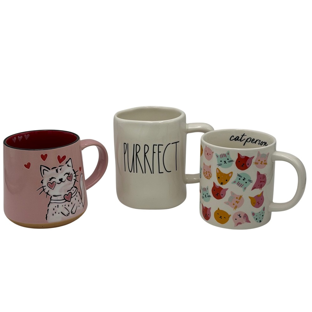 Cat Lover Person Lady Mugs Lot of 3 Rae Dunn Purrfect Hearts Pink Whimsical Cups
